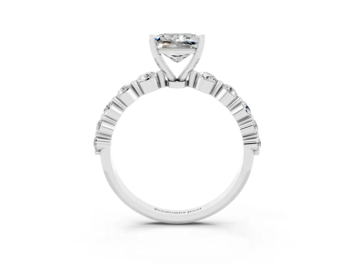 Princess Cut Solitaire Moissanite Ring with Pave Band and Four-Prong Setting Silver