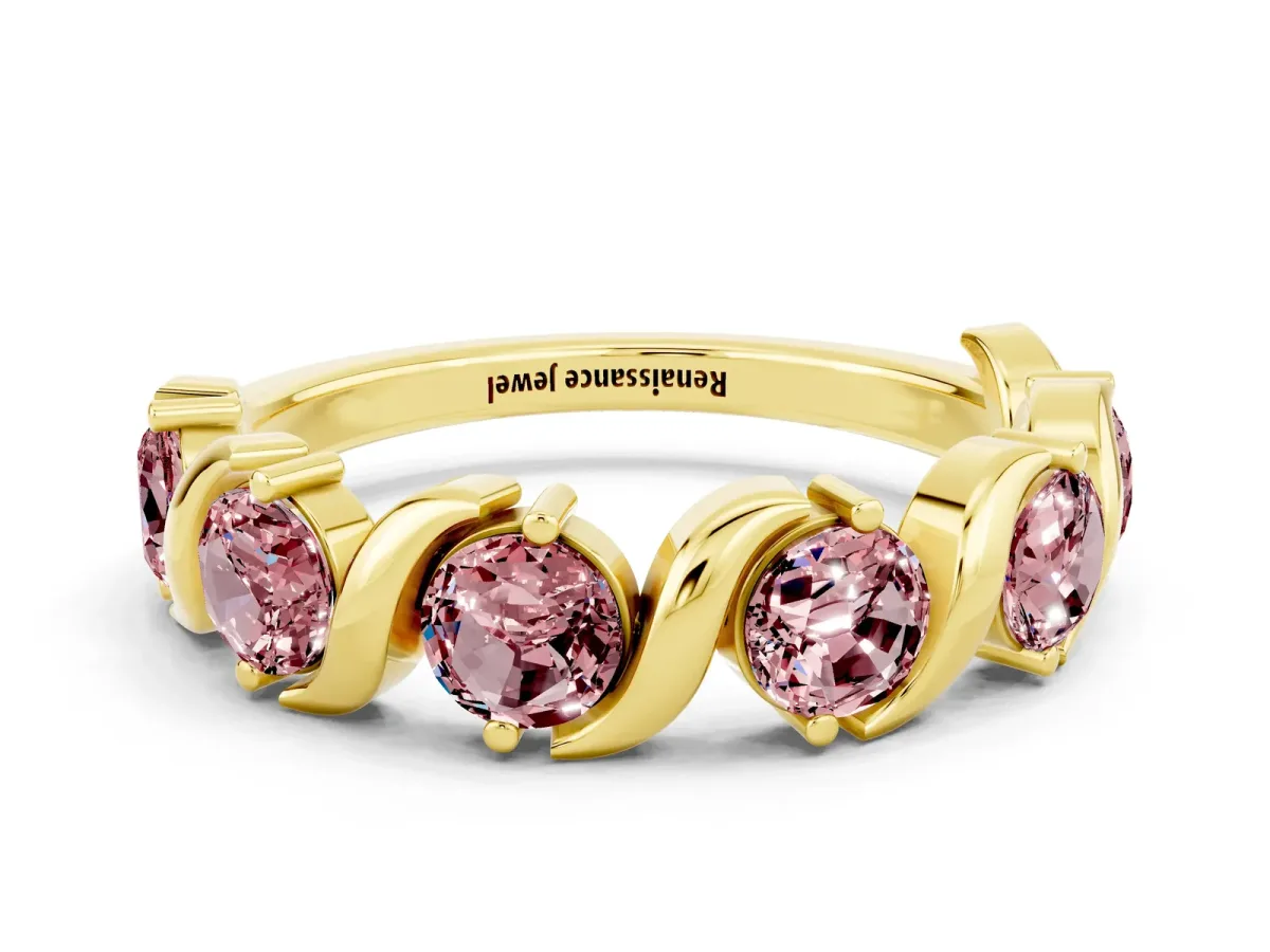 Six-Stone Round Morganite Wave Band with Shared Prong Setting Yellow gold