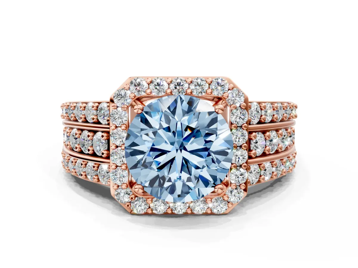 Fancy Blue Round Cut Halo Diamond Ring with Round Split Shank and Prong Setting Rose gold
