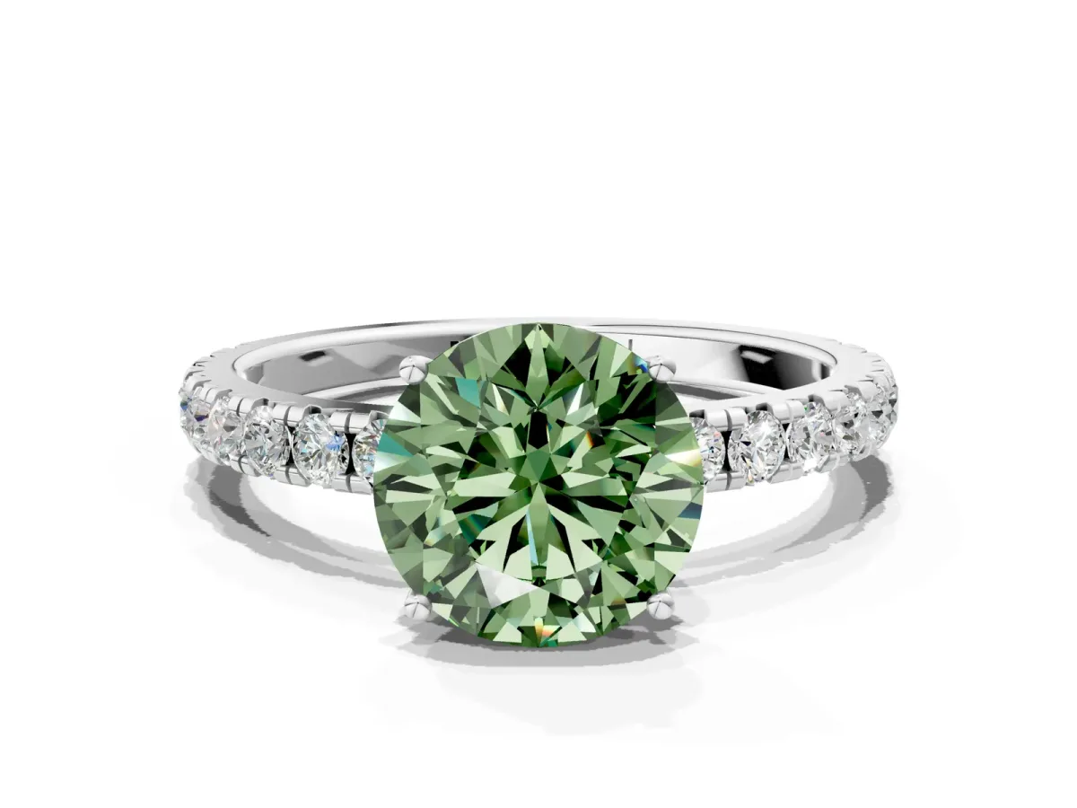 Fancy Green Round Cut Diamond Pavé Solitaire Engagement Ring with Four-Prong Setting Silver