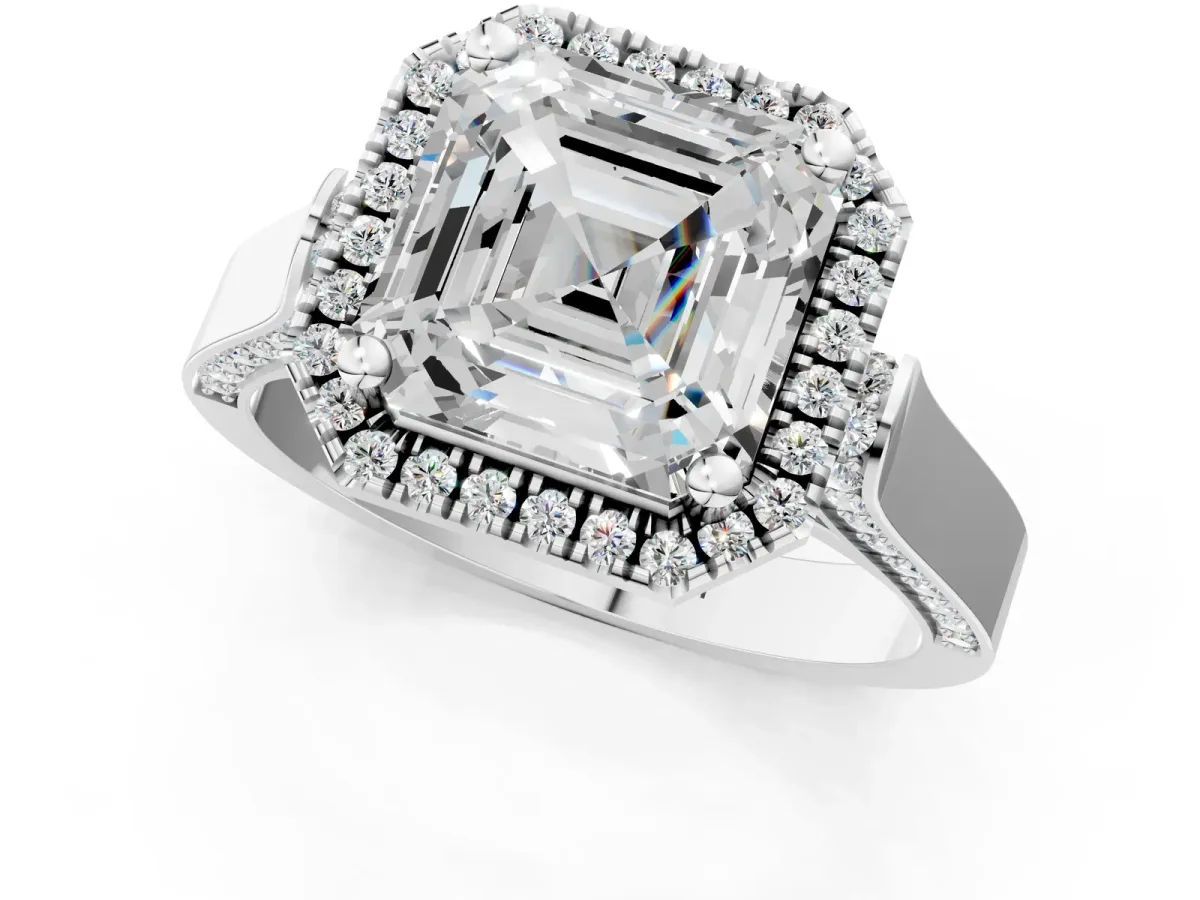 Asscher Cut Halo Pave Split Shank Prong Setting Ring Platinum