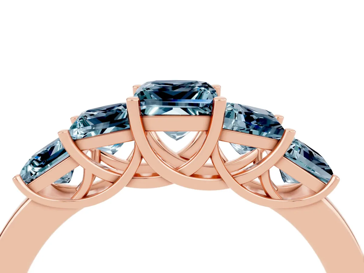 Princess Cut Five-Stone Aquamarine Ring with Classic Prong Setting Rose gold