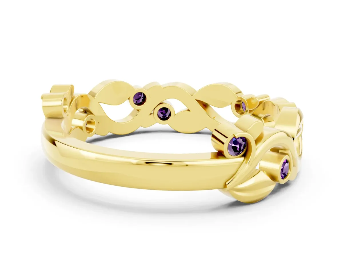 Round Amethyst Leaf Eternity Band with Bezel Setting Yellow gold
