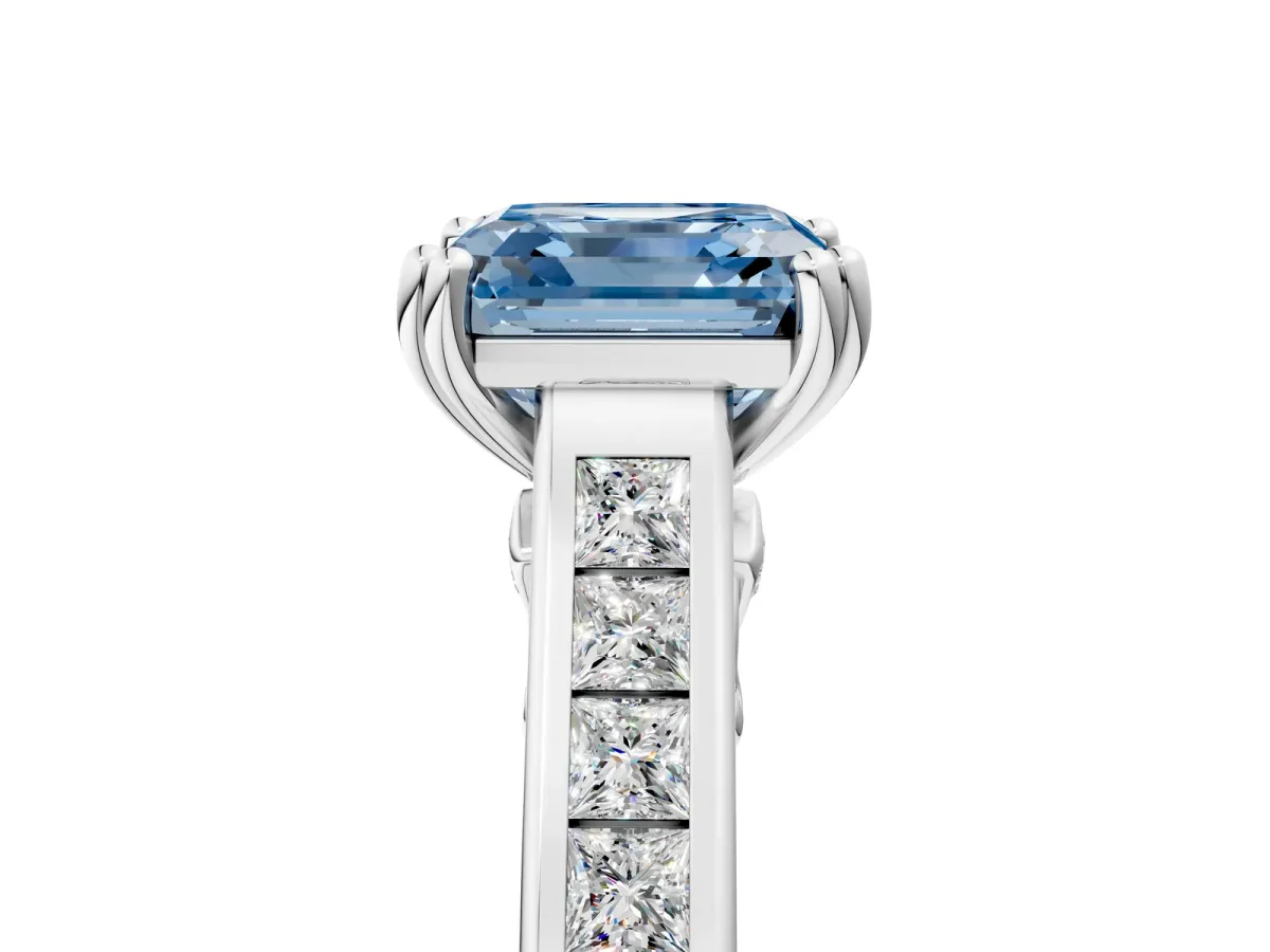 Fancy Blue Asscher Cut Cut Channel Set Solitaire Engagement Ring with Prong Setting Platinum