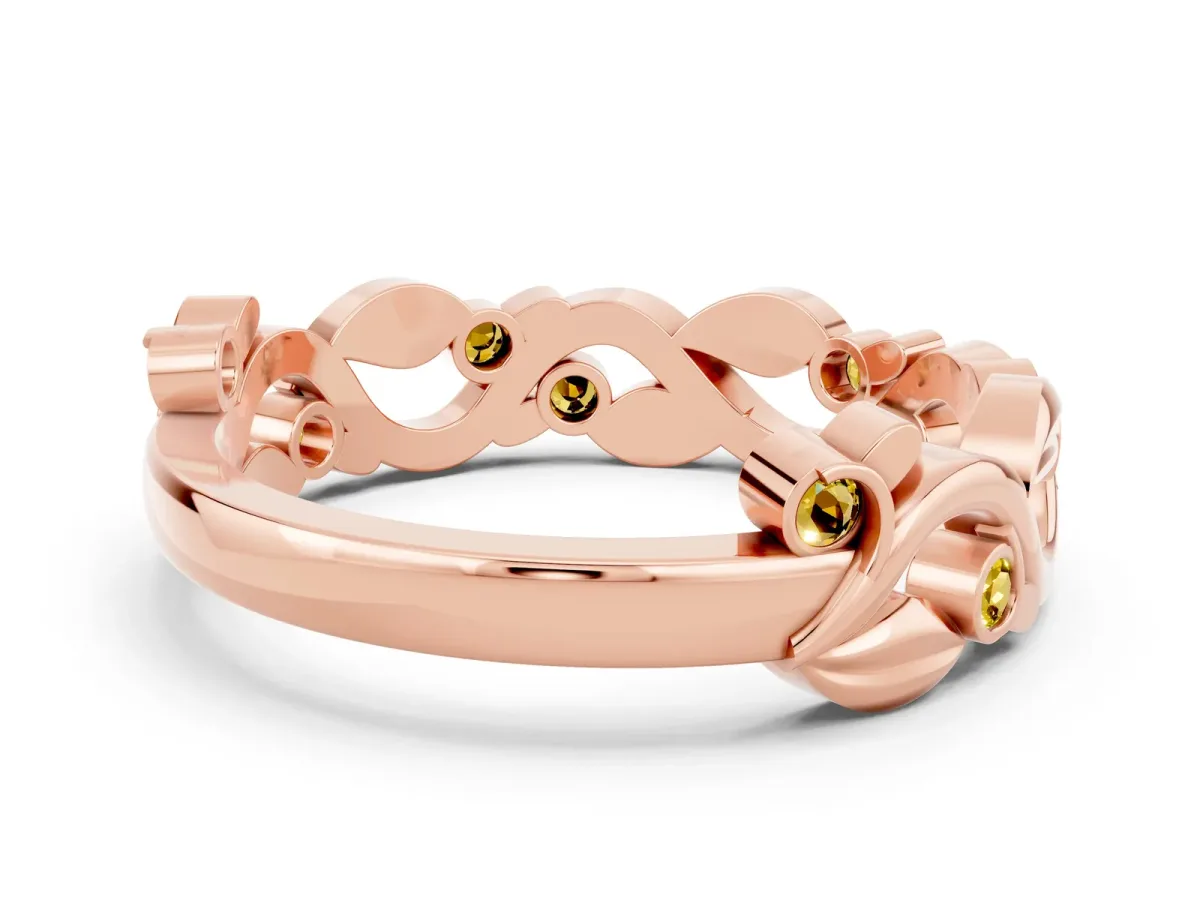 Round Yellow Sapphire Leaf Eternity Band with Bezel Setting Rose gold
