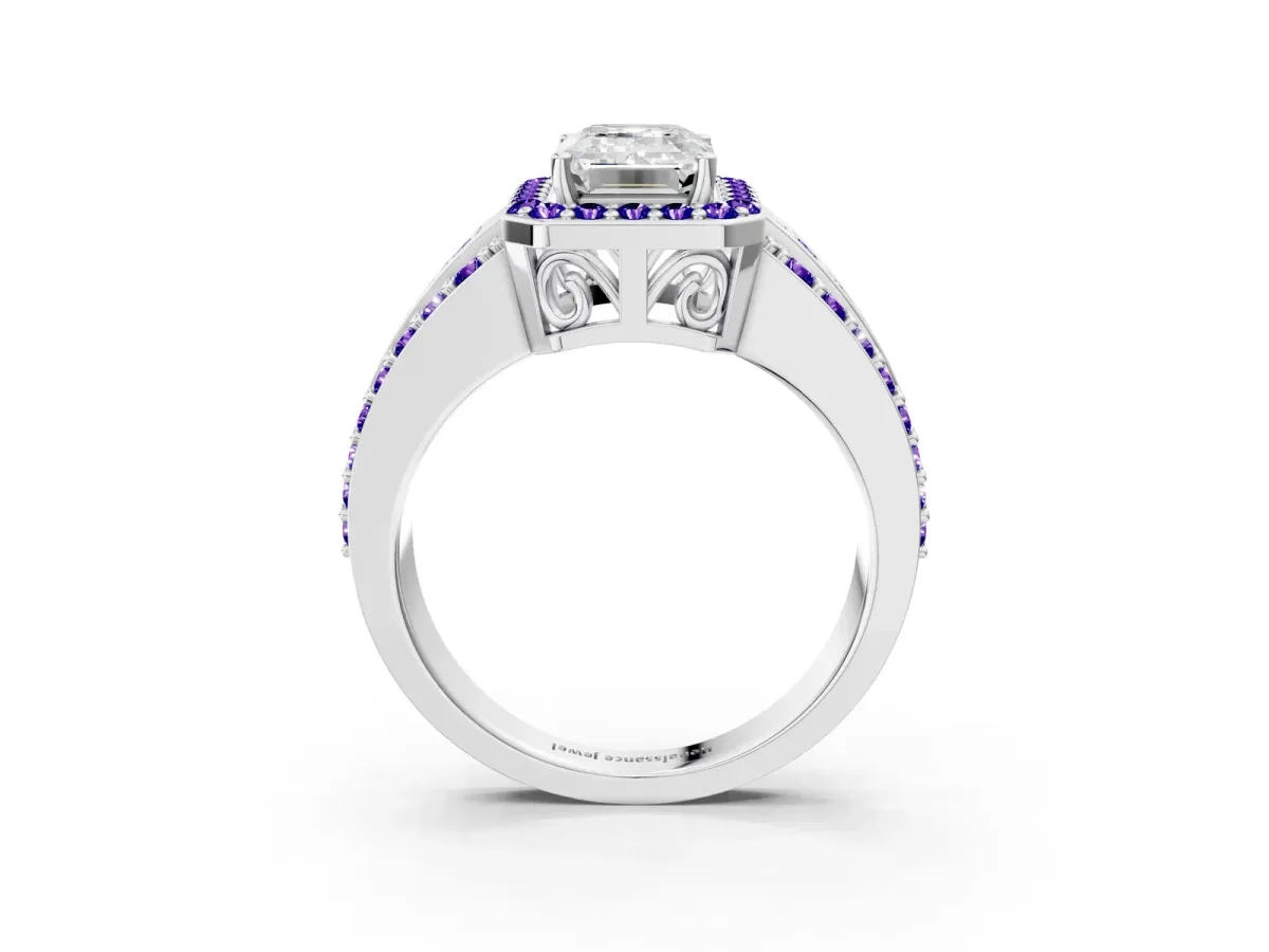 Emerald Cut Halo Diamond Ring with Round Tanzanite Split Shank and Prong Setting Platinum