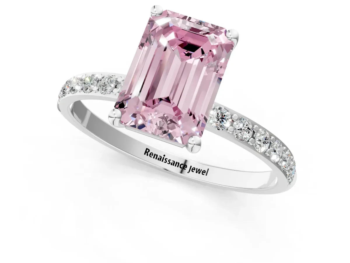 Fancy Pink Emerald Cut Diamond Solitaire Ring with Round Pavé Shoulders and Prong Setting Silver