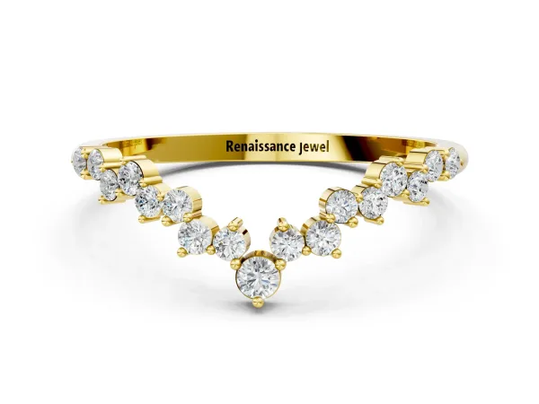 V-Shaped Diamond Cluster Curved Band with Round Brilliant Cut Stones and Prong Setting Yellow gold