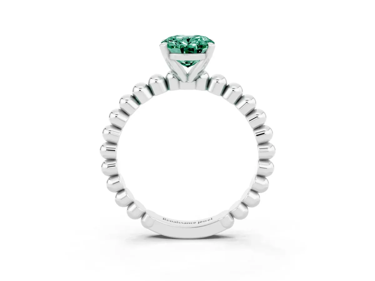 Oval Cut Green Sapphire Solitaire Ring with Beaded Band and Prong Setting Platinum