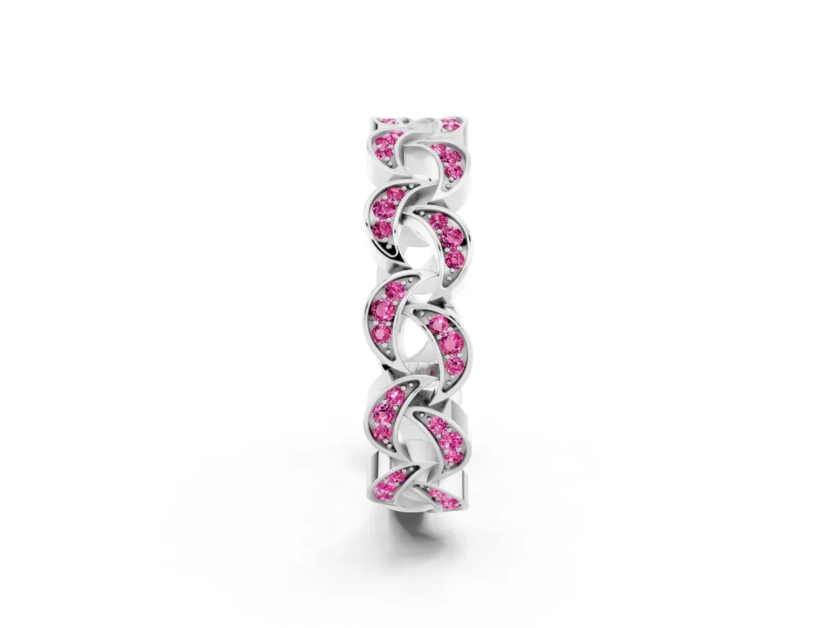 Pavé Round Pink Sapphire Interlocking Eternity Band with Bezel Prong Setting Silver