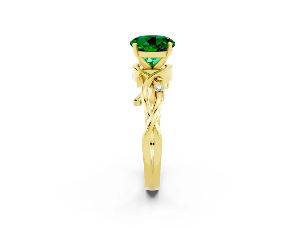 Round Cut Emerald Solitaire Ring with Twisted Band and Prong Setting Yellow gold