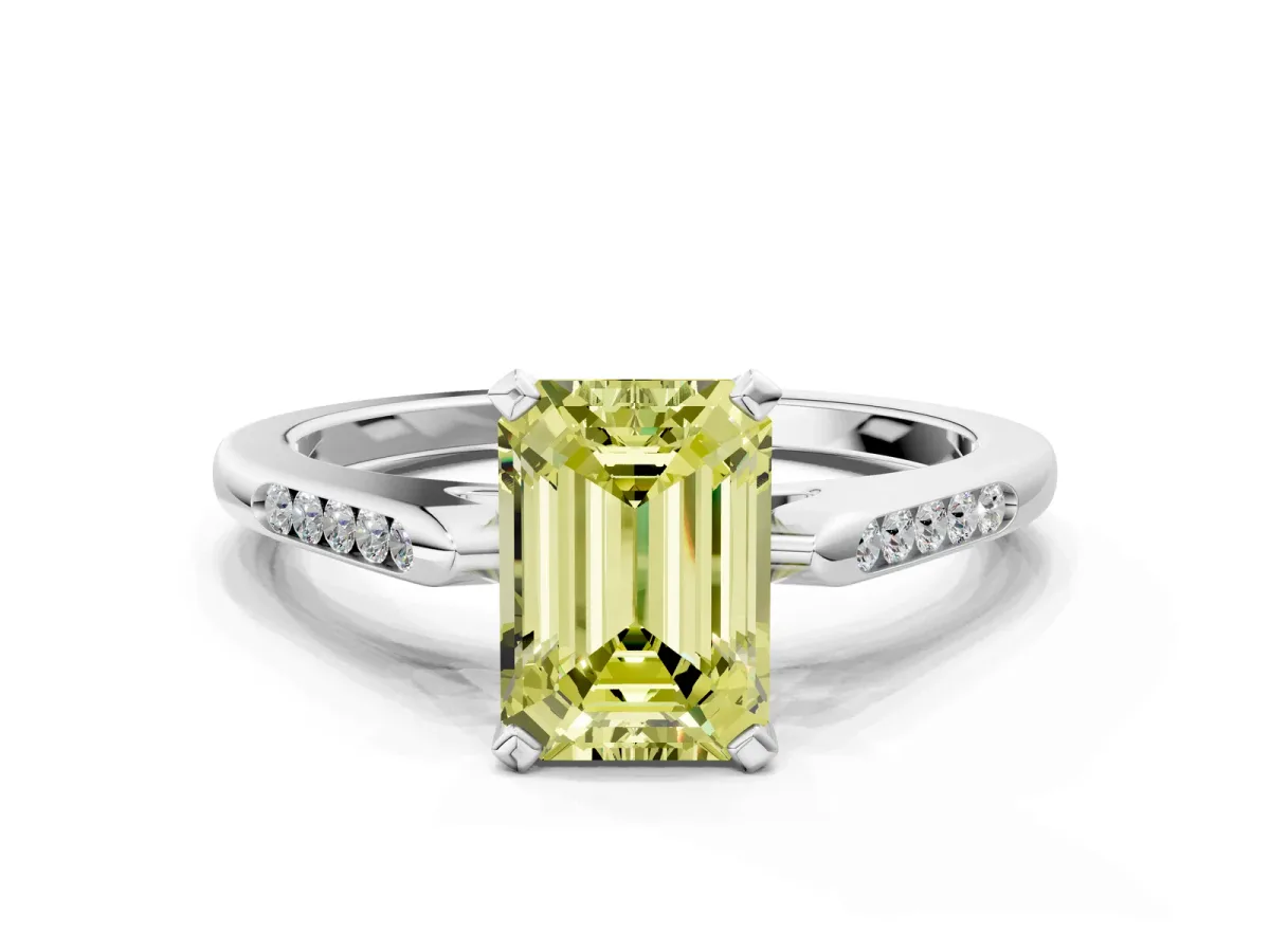 Fancy Yellow Emerald Cut Diamond Solitaire Ring with Channel Set Round Band and Prong Setting Silver