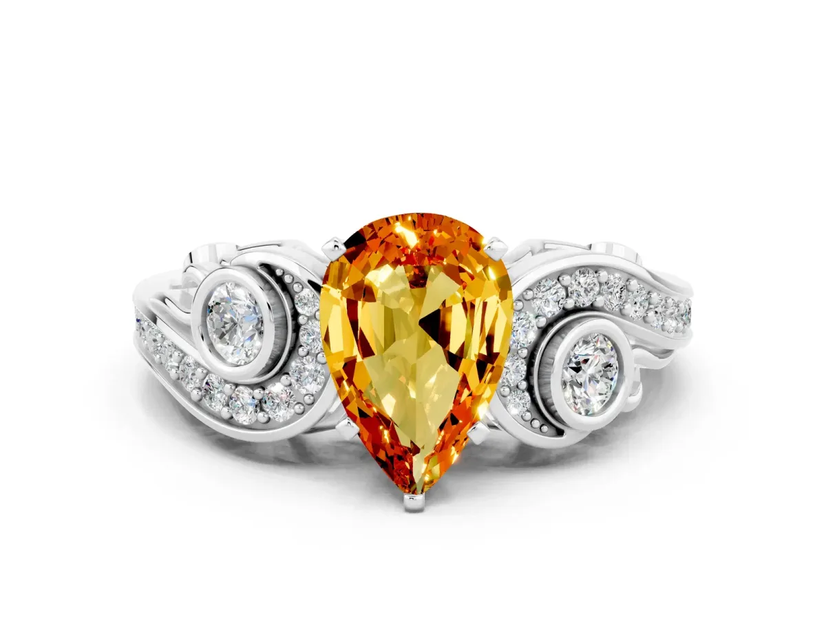 Pear Cut Citrine Solitaire Ring with Milgrain Pavé Band and Four-Prong Setting Silver