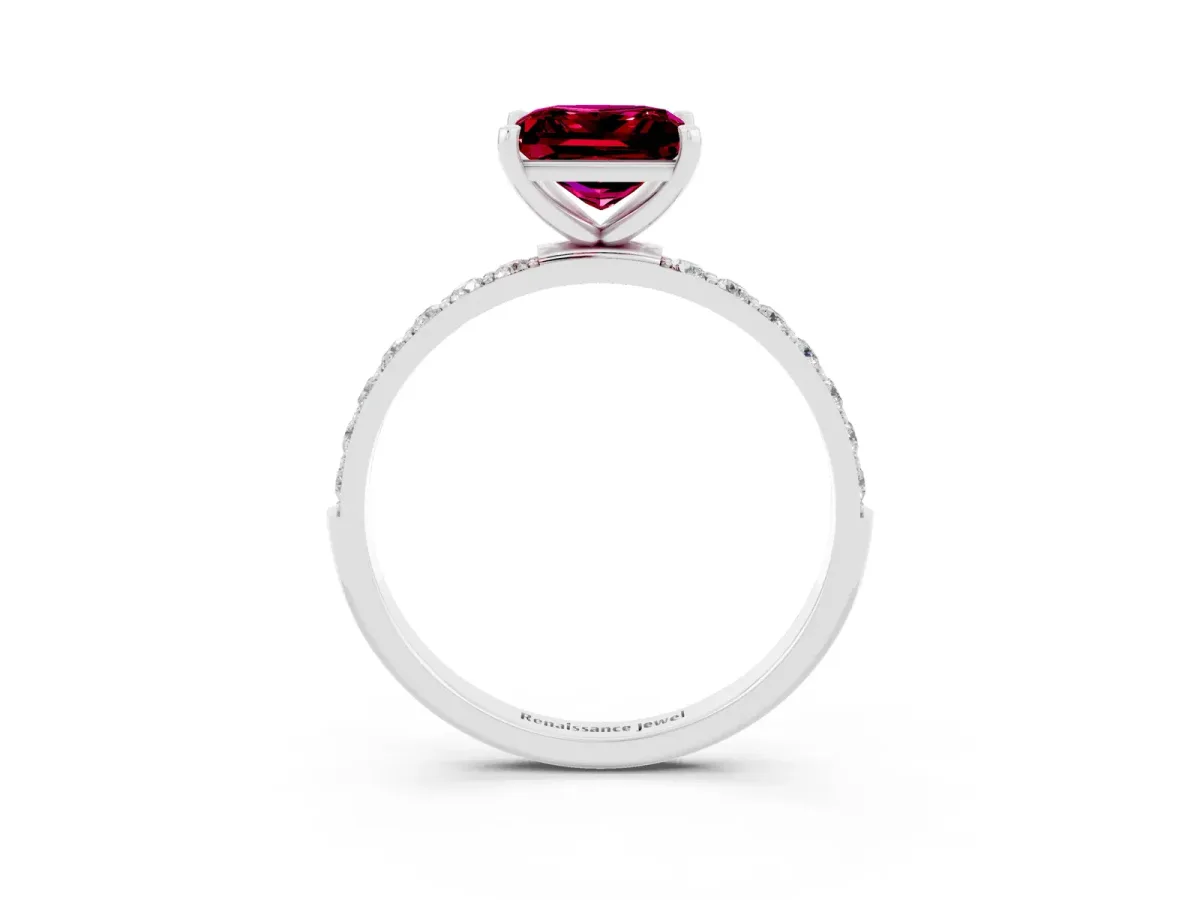 Princess Cut Garnet Solitaire Ring with Round Pavé Band and Prong Setting Silver