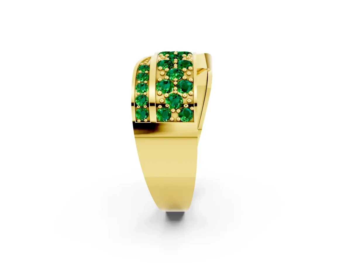 Pavé Round Emerald Crossover Band with Bead Prong Setting Yellow gold