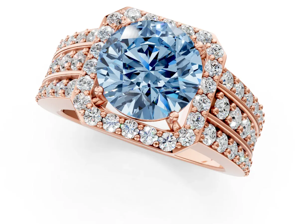 Fancy Blue Round Cut Halo Diamond Ring with Round Split Shank and Prong Setting Rose gold