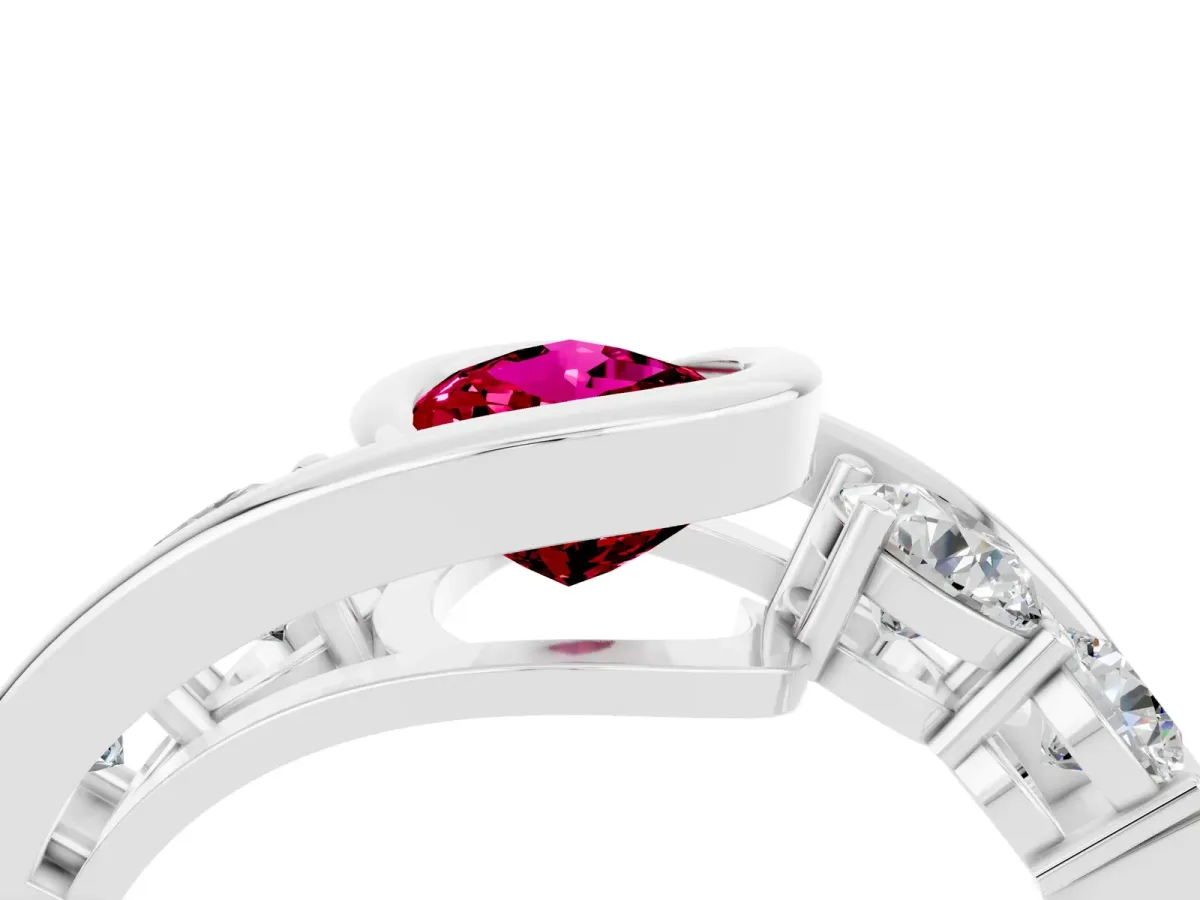 Bezel Set Pear Cut Garnet Bypass Ring with Round Accents Platinum
