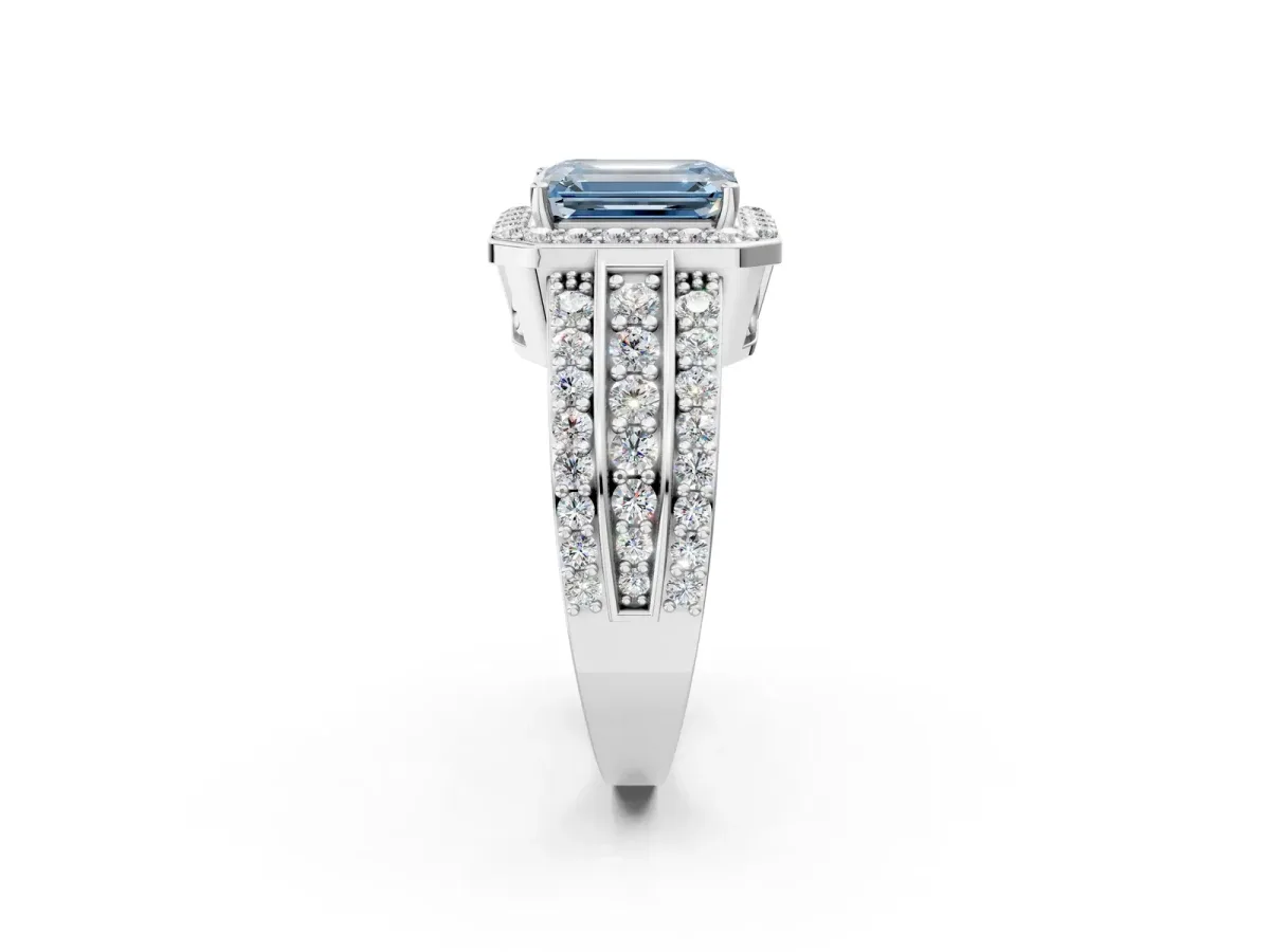 Fancy Blue Emerald Cut Halo Diamond Ring with Round Split Shank and Prong Setting Silver