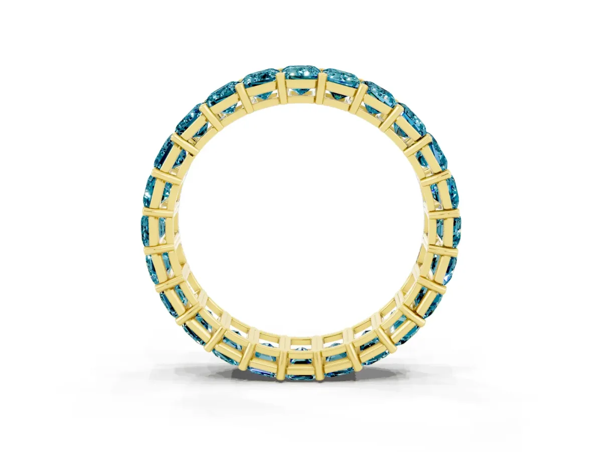 Emerald Cut Blue Topaz Eternity Band with Shared Prong Setting Yellow gold