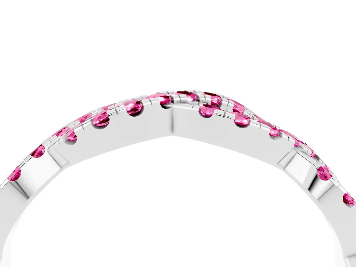 Round Pink Sapphire Twisted Eternity Band with Pavé and Shared Prong Setting Platinum