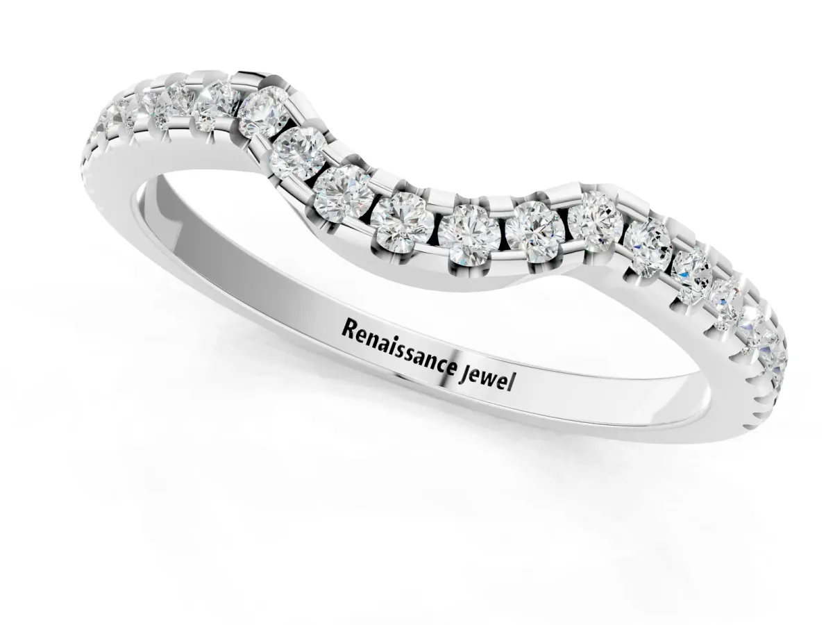 Pavé Round Diamond Curved Wedding Band with Shared Prong Setting White gold