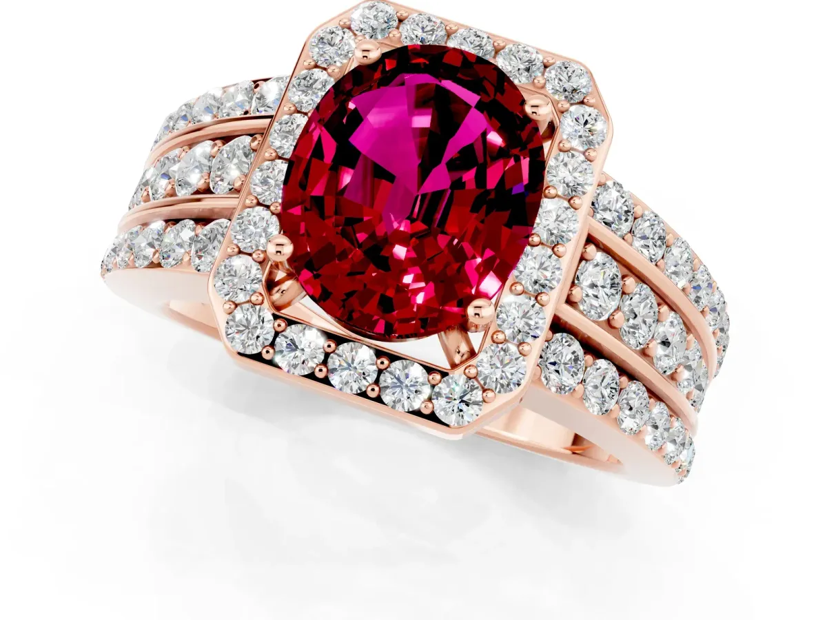 Oval Cut Halo Garnet Ring with Round Split Shank and Prong Setting Rose gold