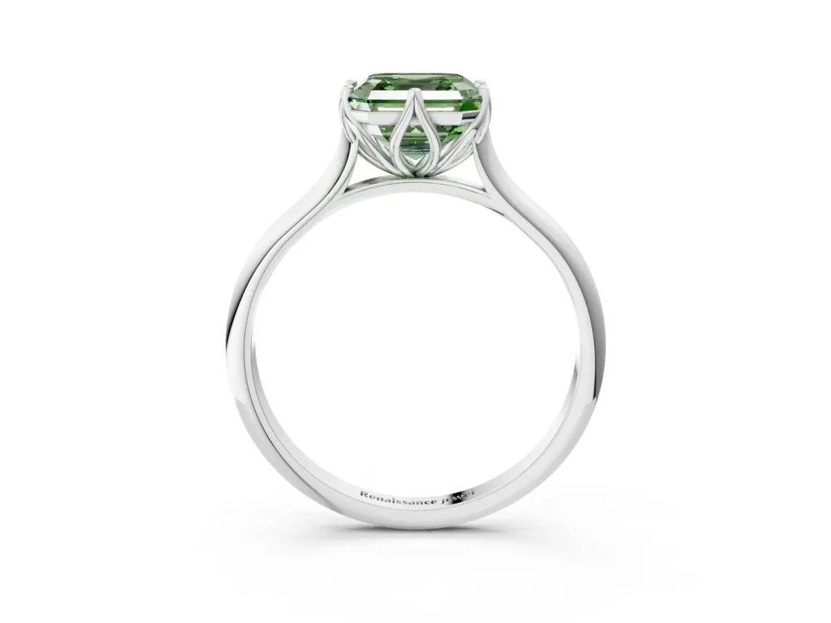 Fancy Green Asscher Cut Solitaire Cathedral Diamond Ring with Six-Prong Setting Platinum