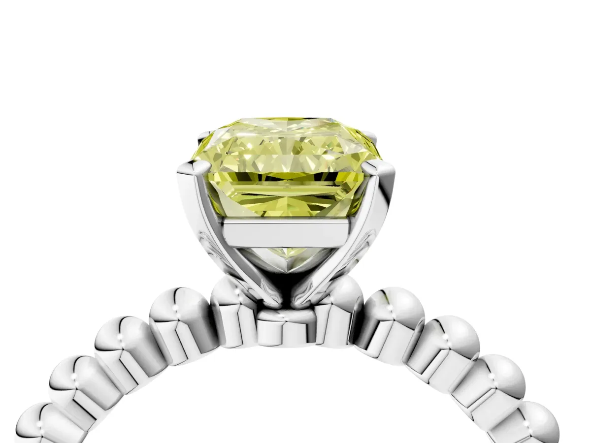 Fancy Yellow Radiant Cut Diamond Solitaire Ring with Beaded Band and Prong Setting Silver