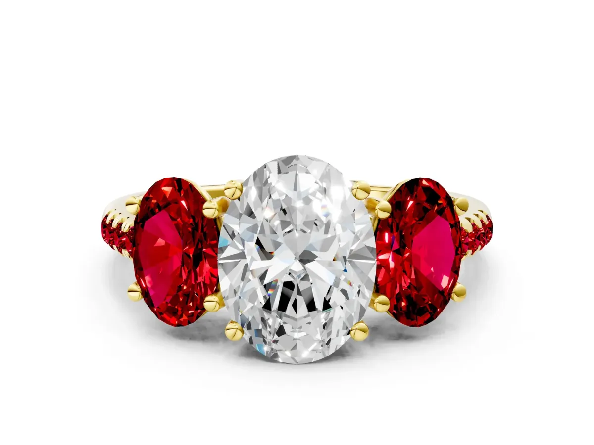 Three-Stone Oval Cut Diamond Ring with Round Ruby Pavé Band and Prong Setting Yellow gold
