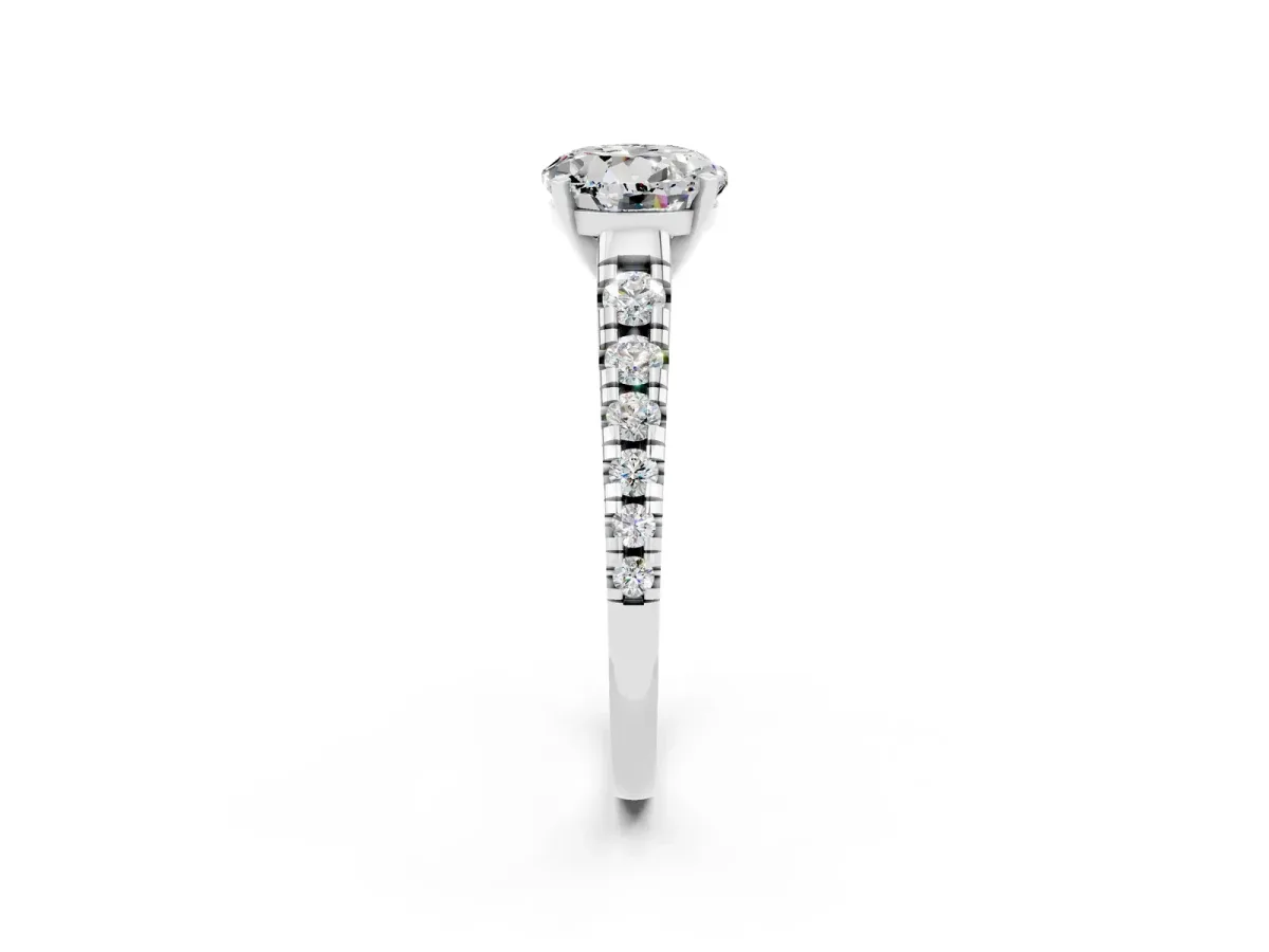 Round Cut Moissanite Cathedral Solitaire Ring with Round Pavé Band Silver