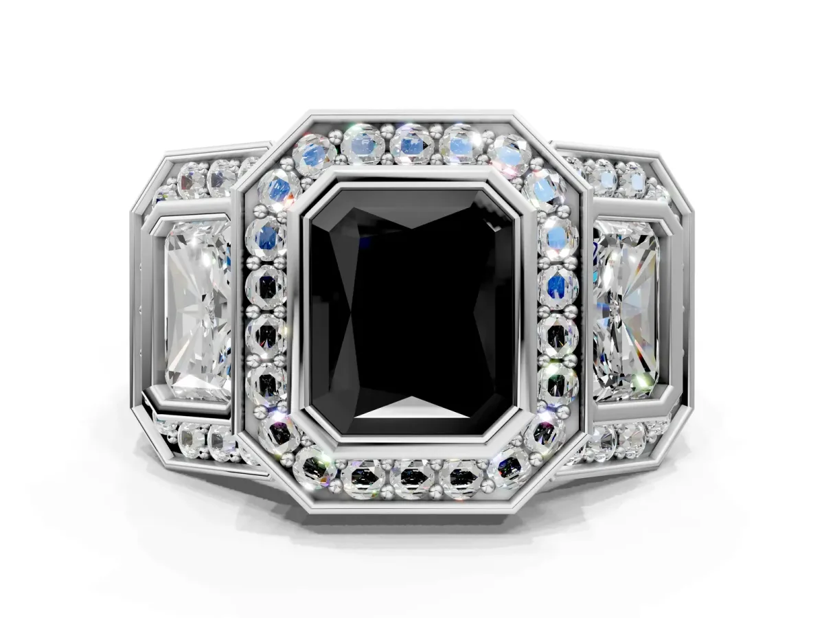 Fancy Black Three-Stone Radiant Cut Halo Pavé Diamond Ring Platinum