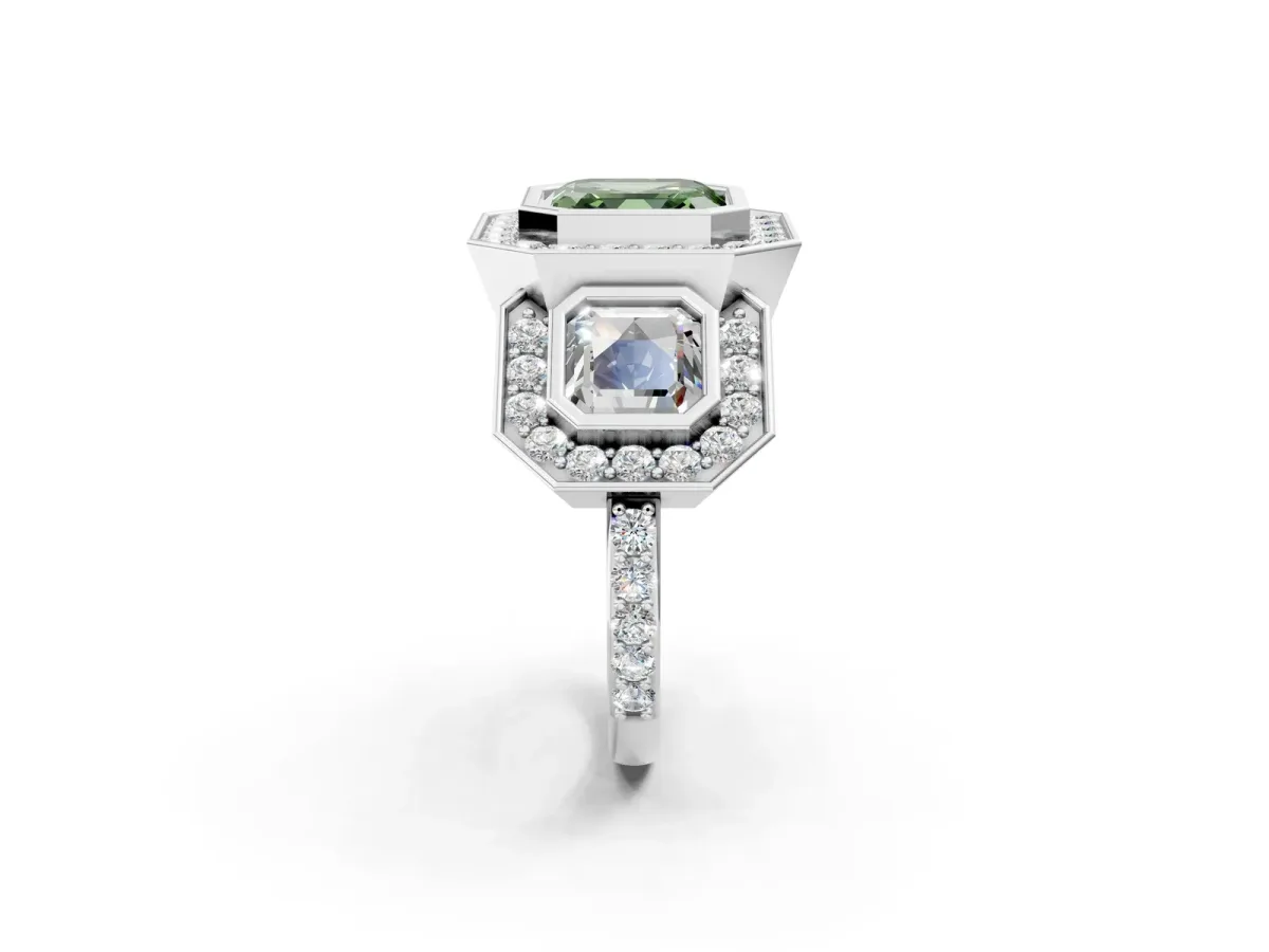 Fancy Green Three-Stone Asscher Cut Halo Pavé Diamond Ring Platinum