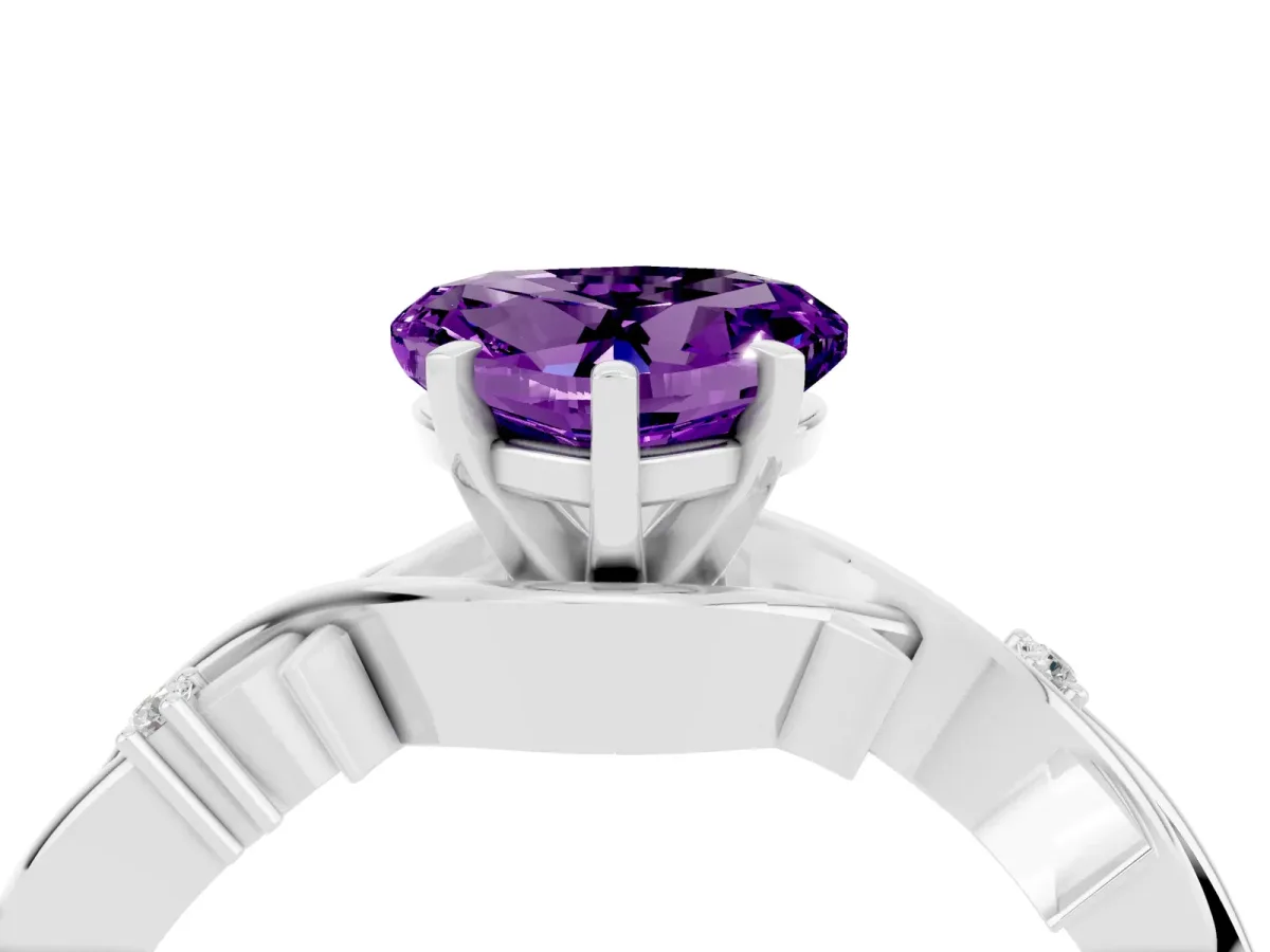 Heart Cut Amethyst Solitaire Ring with Twisted Band and Prong Setting Silver