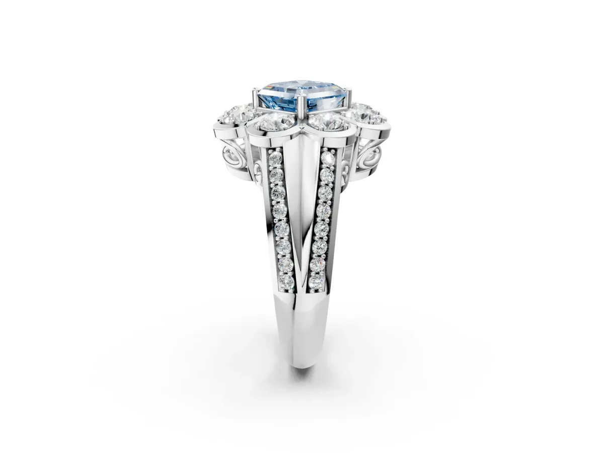 Fancy Blue Asscher Cut Brilliant Flower Halo Diamond Split Shank Ring Platinum