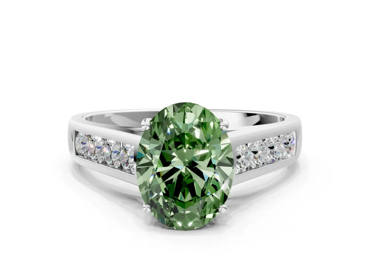 Fancy Green Oval Cut Brilliant Channel-Set Solitaire Ring with Four-Prong Setting White gold