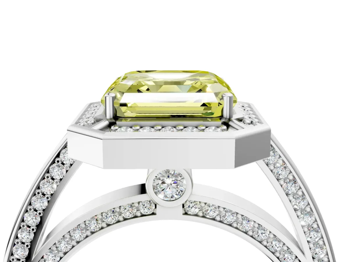 Fancy Yellow Asscher Cut Cut Halo Pave Split Shank Prong Setting Ring Platinum