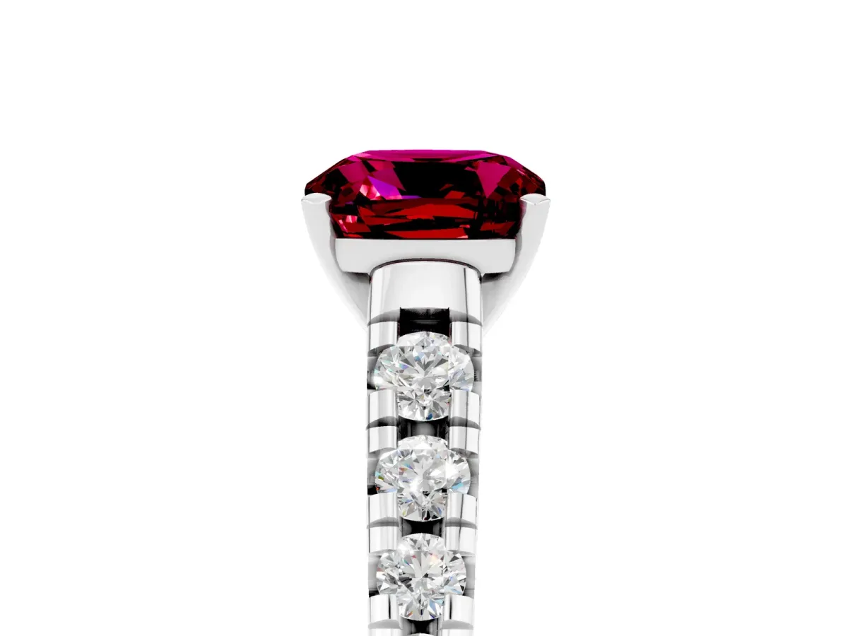 Cushion Cut Garnet Cathedral Solitaire Ring with Round Pavé Band Silver