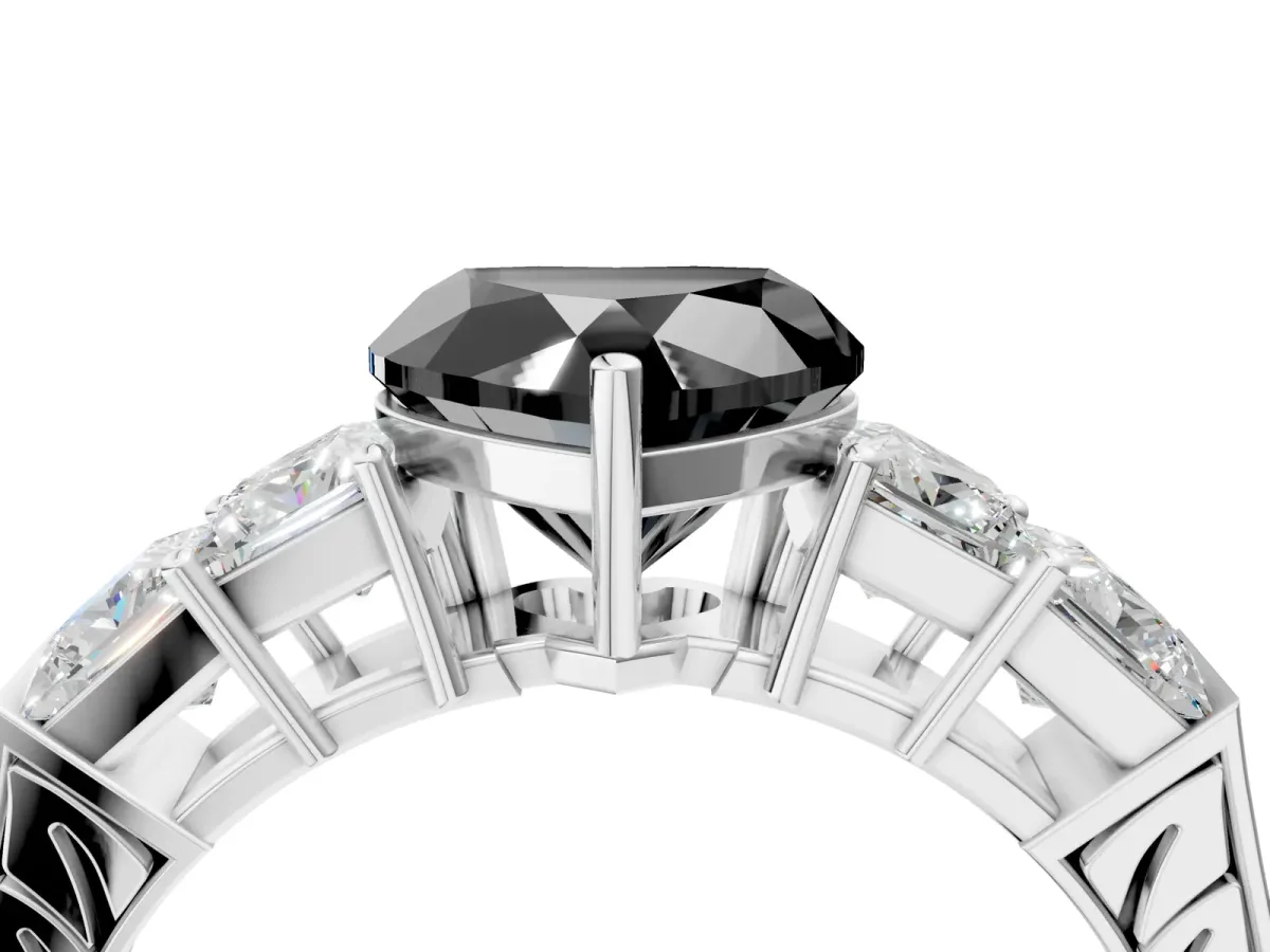 Fancy Black Heart Cut Solitaire Princess Side Stone Engraved Band Prong Setting Ring Platinum
