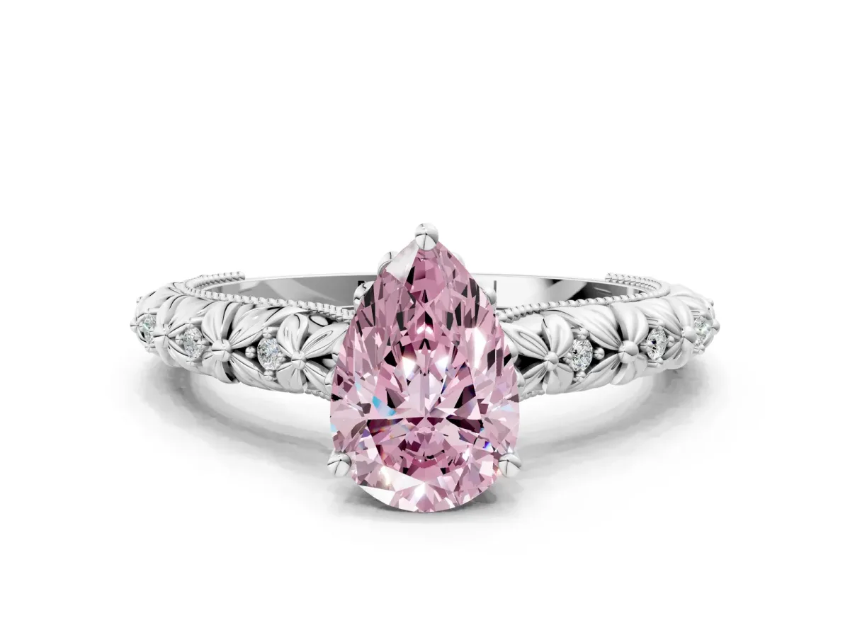 Fancy Pink Pear Cut Solitaire Floral Milgrain Engagement Ring Silver