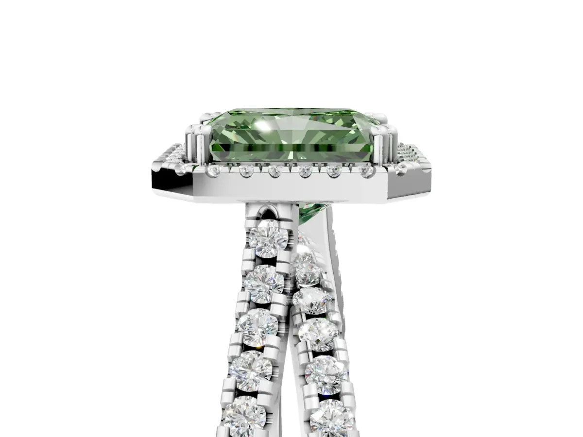 Fancy Green Radiant Cut Halo Split Shank Diamond Ring with Pavé Setting Platinum