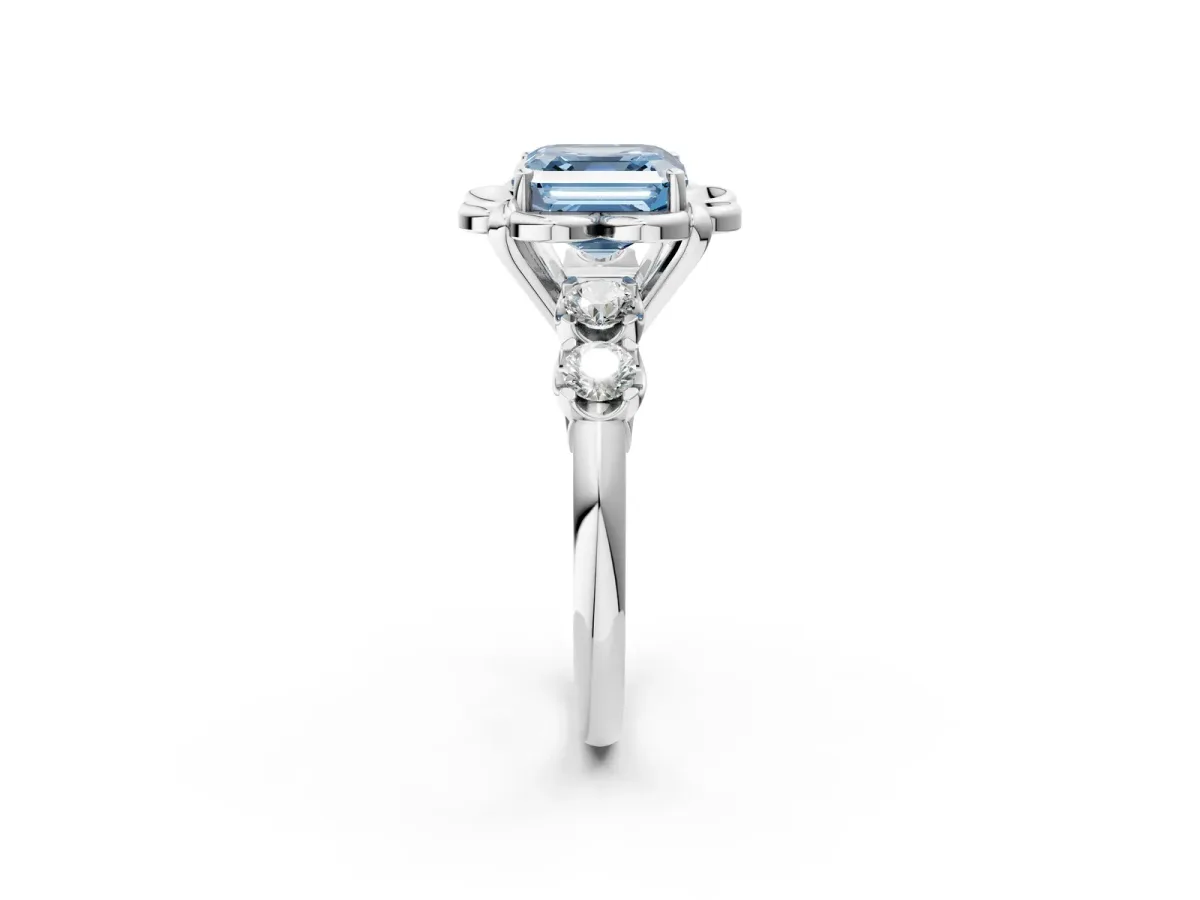 Fancy Blue Asscher Cut Cut Diamond Floral Halo Engagement Ring with Shared Prong Setting Silver