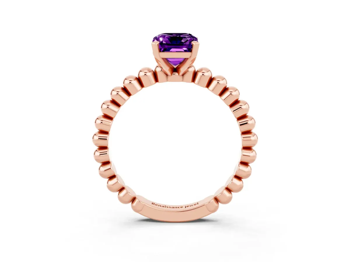 Emerald Cut Amethyst Solitaire Ring with Beaded Band and Prong Setting Rose gold