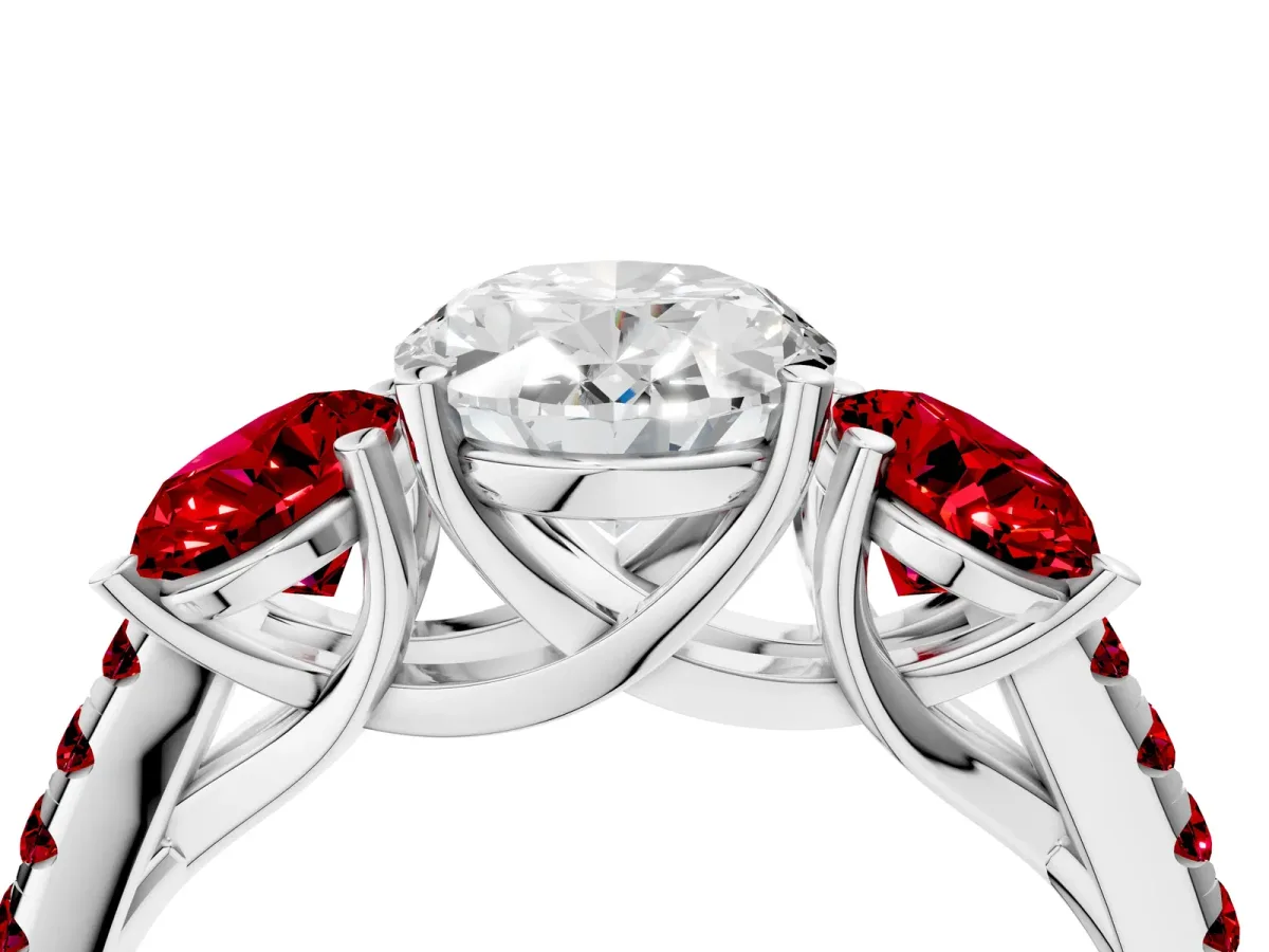 Three-Stone Oval Cut Diamond Ring with Round Ruby Pavé Band and Prong Setting Platinum