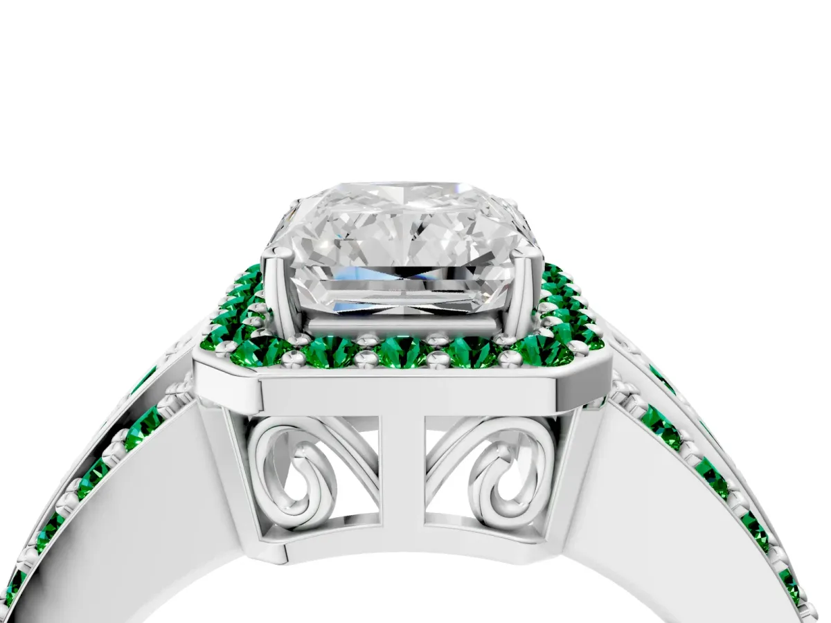 Radiant Cut Halo Diamond Ring with Round Emerald Split Shank and Prong Setting Silver