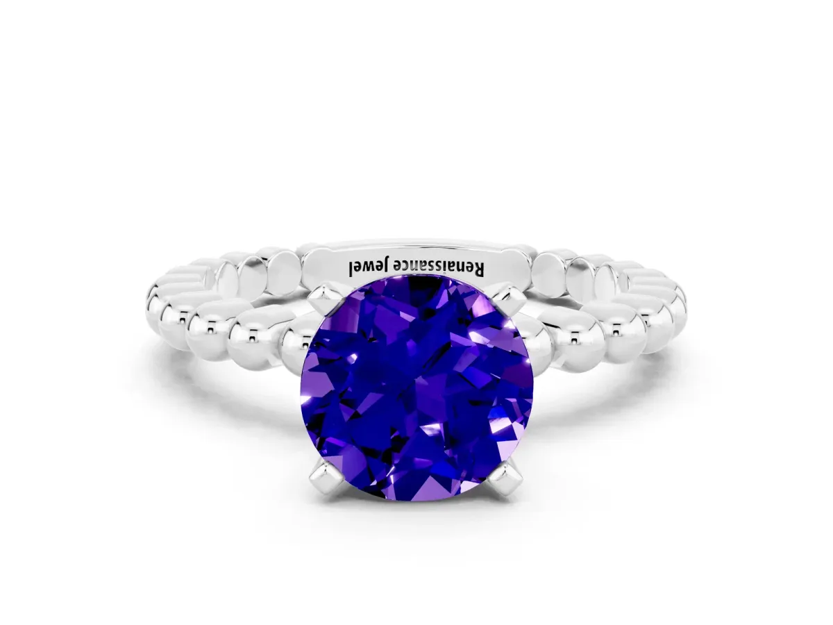 Round Cut Tanzanite Solitaire Ring with Beaded Band and Prong Setting Silver