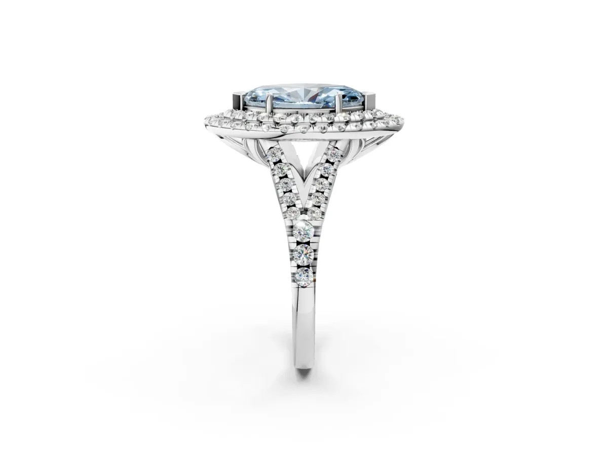 Fancy Blue Double Halo Marquise Cut Diamond Pavé Split Shank Ring with Prong Setting Silver