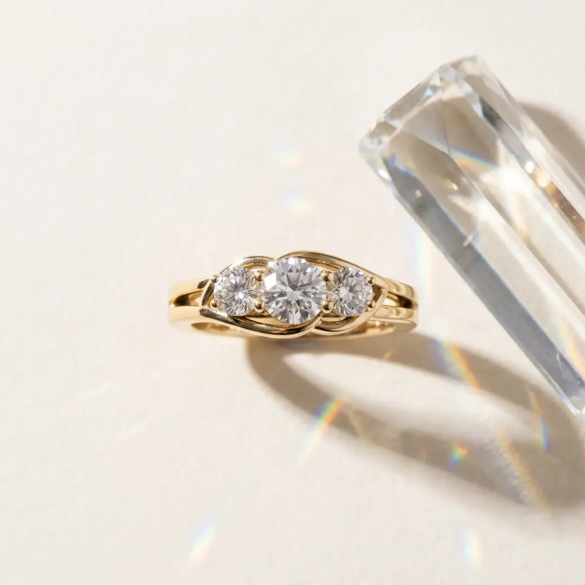 Three-Stone Round Cut Diamond Split Shank Prong Setting Ring Yellow gold