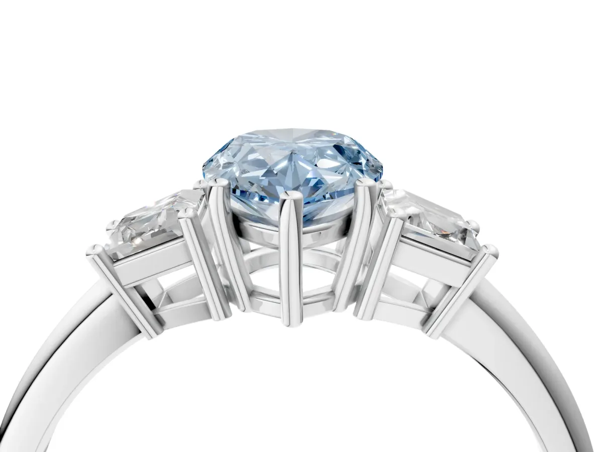 Fancy Blue Pear Cut Diamond Three-Stone Ring with Trapezoid Side Stones and Prong Setting Platinum