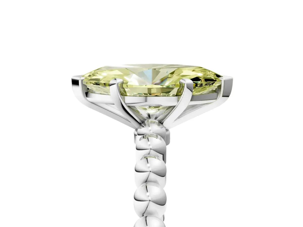 Fancy Yellow Marquise Cut Diamond Solitaire Ring with Beaded Band and Prong Setting Silver