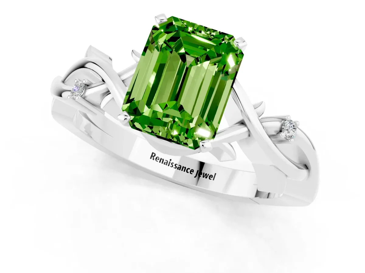 Emerald Cut Peridot Solitaire Ring with Twisted Band and Prong Setting Platinum